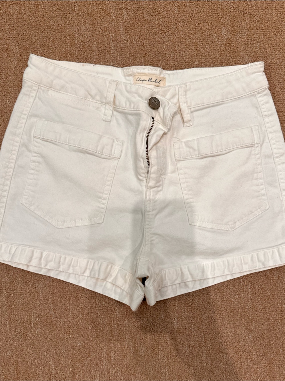 High-Rise White Denim Shorts with Front Patch Pockets